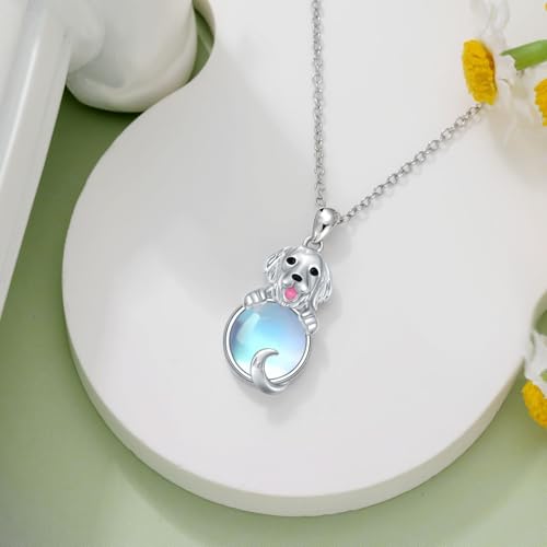 DOLPHERS Hunde-Halskette aus 925er Sterlingsilber für Damen, Mondstein-Hündchen-Anhänger, Schmuck, Gedenkgeschenke für Hundeliebhaber(Golden Retriever)
