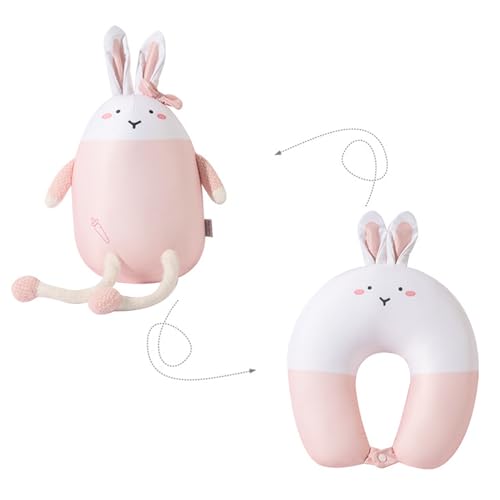 ネックピロー U型まくら 首枕 携帯枕 変形可能 トラベル枕 旅行用 お昼寝 仮眠 子供用 ぬいぐるみ 車用 ふわふわ やわらかい コンパクト うさぎ かわいい 新幹線 飛行機 バス 自宅 (ピンク)