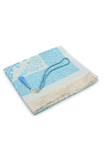 ihvan online Muslim Prayer Rug with 99 Beads Tasbih & Travel Bag, Soft Taffeta Sajadah, Lightweight & Foldable Janamaz, Portable Prayer Mat, Islamic Gift for Eid, Ramadan, Hajj & Umrah, Blue