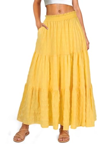 Cossoul Womens Boho Maxi Skirt Elastic High Waist A Line Flowy Ruffle Spring Beach Long Skirt with Pockets (US Alpha Medium Regular Regular Yellow)
