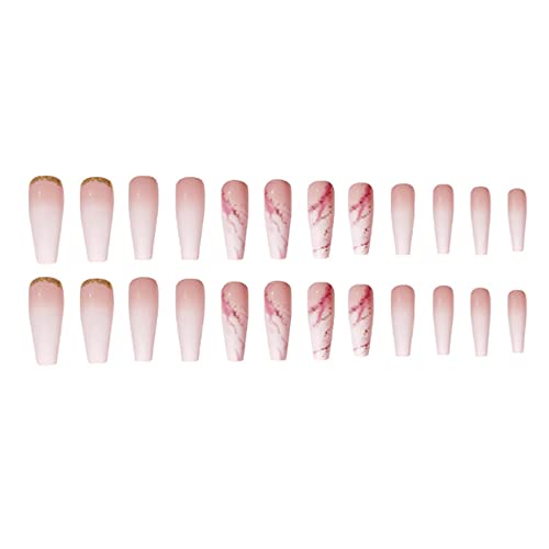 Nude Press On Nails Coffin Long Fake Nails Acrylic Gradient False Nails Marble Full Cover Stick On Nails for Women and Girls (24 PCS)