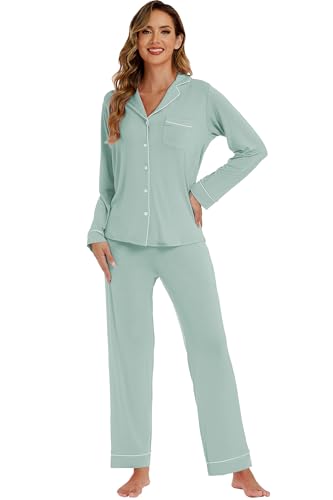 Image of LUBOT Womens Bamboo Viscose Pajamas for Women 2 Piece PJ Set Ultra Buttery Soft Cooling Button Long Sleeve Sleepwear S-XXL
