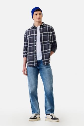 Image of SNITCH Men Casual Jeans | Relaxed Fit Straight Leg Washed Pattern & Drawstring Closure | 100% Cotton Denim Fabric for All Day Comfort & Everyday Wear