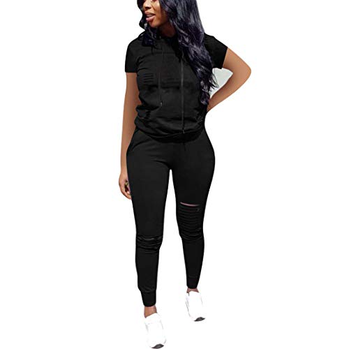 Nimsruc Women’s 2‑Piece Short‑Sleeve Hoodie Tracksuit, Black (XL)