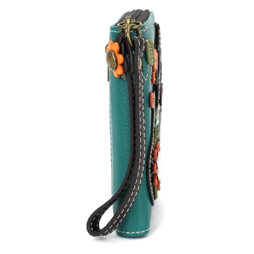 Image of CHALA Zip Around Wallet, Wristlet, 8 Credit Card Slots, Sturdy Pu Leather - Black Cat - turquoise