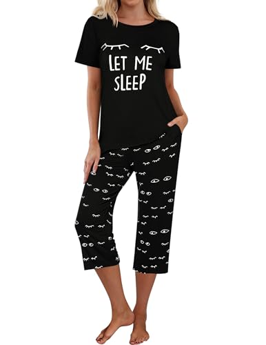 Ekouaer Womens Pajamas Set Short Sleeve Pajama for Women Sets Sleepwear Tops with Capri Pants Pj Set