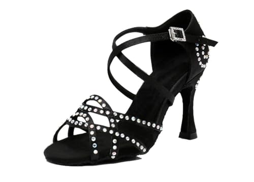 Sandales de danse avec cristaux éclatants et talon évasé noir satiné