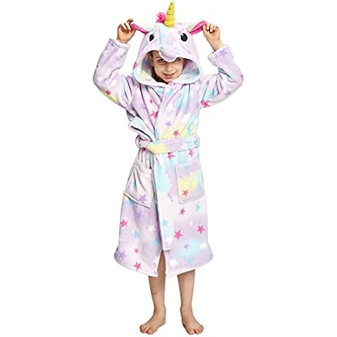 Newcosplay Unisex Kids Animals Plush Soft Unicorn Hooded Bathrobe (Light Pink, 5-7 Years) Cover