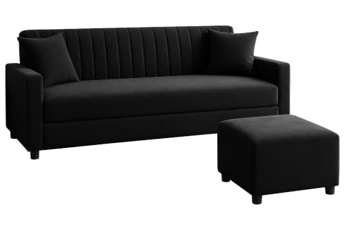 Image of 3 Seater Wooden Sofa Set with Ottoman for Living Room | Premium Velvet Fabric Wooden Frame | Modern Design | Comfortable Cushioned Sofafor Home, Office & Lounge | Black