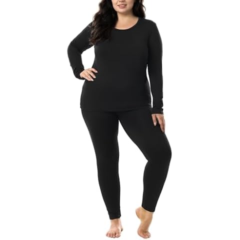 HOdo Plus Size Thermal Underwear Women Long Johns Fleece Lined Base Layer Top and Bottom Sets Black 1X Cover