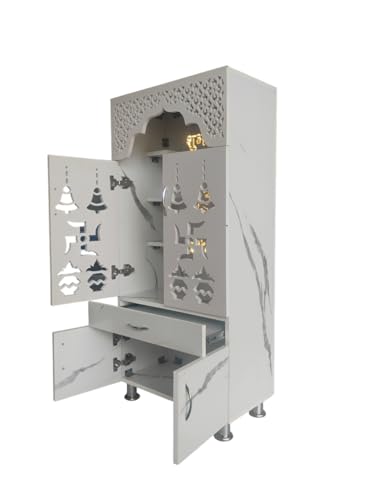 Image of Home Temple Pooja Mandir with LED Light, White Engineered Wood, Traditional Indian Style, 51x24x13 Inch, Om Symbol Design