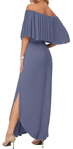 Image of AUSELILY Womens Off Shoulder Ruffle Split Summer Maxi Dresses with Pockets | Off-shoulder Ruffle dress with empire waist & side split for summer beach and casual parties