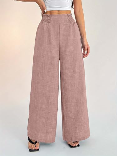 Image of Sugathari Women's Casual Wide Leg Pants - High Waist Elastic Waistband Loose Fit Long Trousers | Lightweight Straight Leg Summer PantsTrouser 254