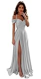 IIF Satin Bridesmaid Dresses for Wedding Off The Shoulder Prom Dresses Long Formal Evening Gown with Slit Silver US Size 8 IIF006