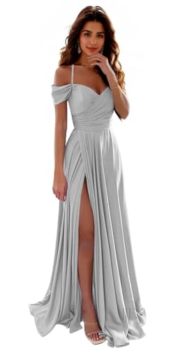 IIF Silver Bridesmaid Dresses Off Shoulder Satin A Line Formal Prom Dress Ruched Wedding Guest Dress...