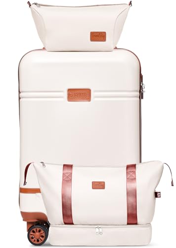 Krute Carry On Luggage Sets 3 Pieces Suitcase Set Hard Shell PC+ABS Airline Approved Suitcases with Spinner Wheels TSA Approved 20 Inch Luggage (WhiteBrown)