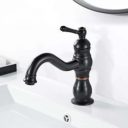 kisimixer Robinet Lavabo Noir Rétro, Pivotant à 360° Robinet Salle Bain, Mitigeur Lavabo en Laiton, Mitigeur Salle Bain avec Valve en Céramique Neuve