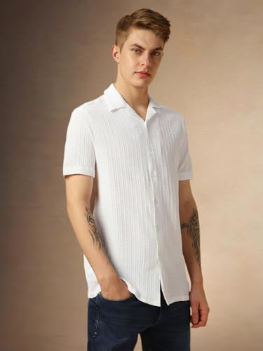 Image of Dennis Lingo Men's Half Sleeve Cuban Collar Solid Textured Relaxed Fit Casual Shirt