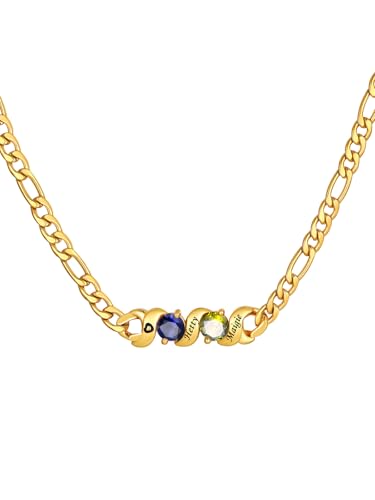 Collier personnalisé prénoms famille en cuivre avec pierre de naissance et chaîne Figaro ajustable