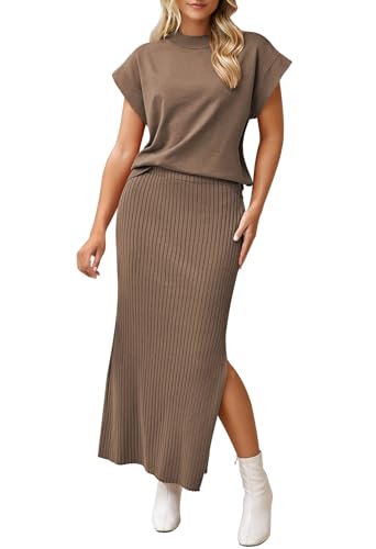 Pink Queen Women's 2 Piece Sweater Outfits Set Summer Cap Sleeve Tops Bodycon Maxi Long Skirt Knit Dresses