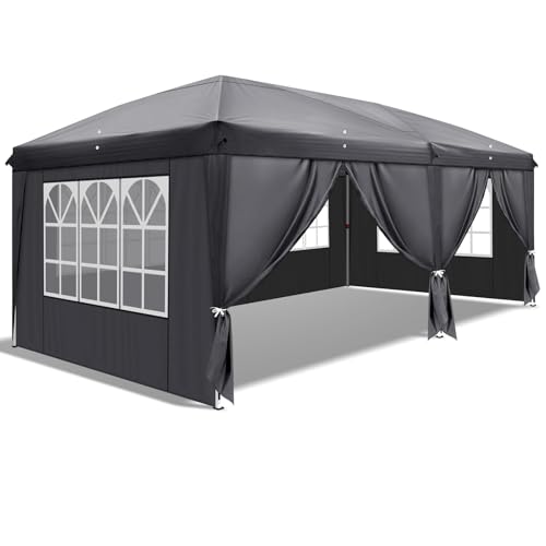 3x6 m Faltpavillon,Pavillon Pop-Up Faltpavillon,Wasserdicht, Sonnenschutz, Stabil Gartenzelt,Für Garten,Camping,Party (Grau (mit 4 Seitenwänden))