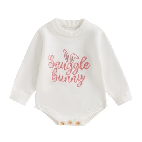 Baby Girl Boy Easter Outfit Newborn Bunny Sweater Bubble Romper Infant Knit Pullover Toddler Knitwear Top Clothes (A Bunny White, 6-12 Months)