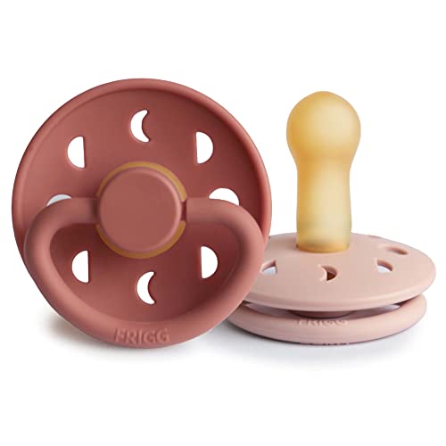 FRIGG Moon Natural Rubber Baby Pacifier | Made in Denmark | BPA-Free (Blush Powder Blush, 6-18 Months) 2-Pack
