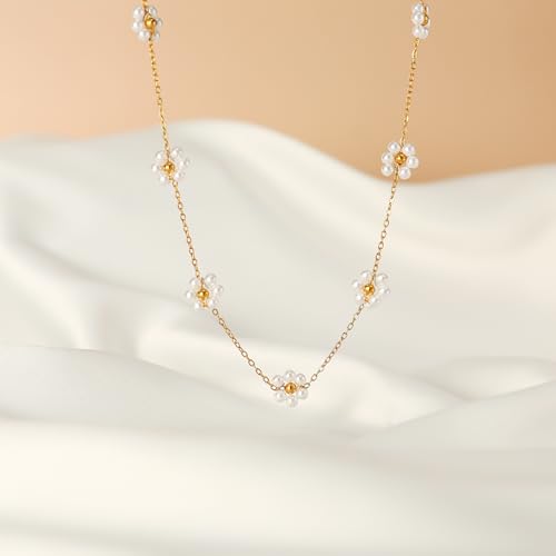 Daisy Pearl Necklaces for Women, Gold Plated Stainless Steel Handmade Flower Choker Jewelry for Women3