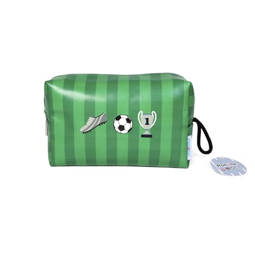 PONETTE - Neceser Vuelta al Cole Infantil de Tejido Rayado en Color Verde, Asa con Cordón, Bota, Balón y Copa de Fútbol, Niño, Niña, Juvenil