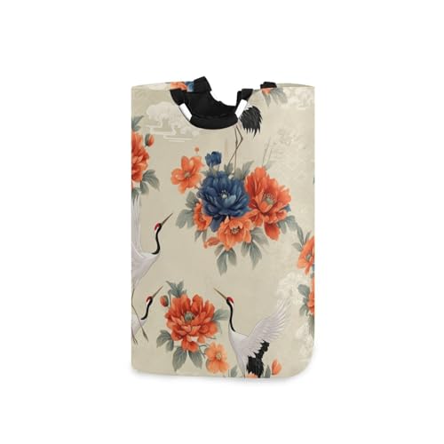 Jihqo Laundry Hamper Basket Elegant Floral Cranes Collapsible Nursery Storage Bin Waterproof Clothing Baskets for Home Bedroom Bathroom Washing Room