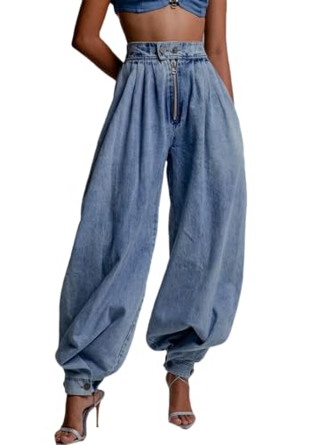 Womens Baggy Harem Jeans Zipper High Waisted Loose Trousers Wide Leg Vintage Balloon Casual Denim Pants