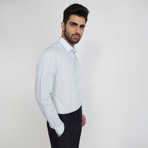 Image of Raymond Men Slim Fit Stripe Pattern Pure Cotton Semi Cutaway Collar Full Sleeve Formal Shirt