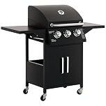 Outsunny 3 Burner Gas BBQ, Outdoor Grill, Portable Barbecue Trolley with Warming Rack, Side Shelves, Storage Cabinet, Thermometer, Carbon Steel, Black