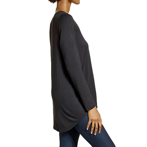 HUE Women's Basic Long Sleeve T-Shirt V-Neck Loose Tunic Top with Hi-Low Hem3