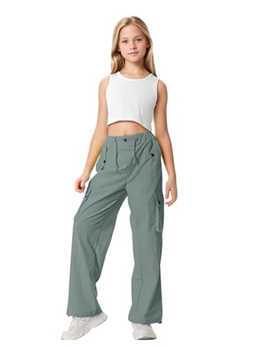 Image of HENGAO Girls Cargo Pants Parachute Casual Jogger Y2K 5-14 Years | Kids Baggy pants Parachute, Drawstring, with Pockets, Elastic High Waist, Loose Trousers Streetwear