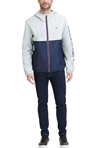 Tommy Hilfiger Men's Lightweight Active Water Resistant Hooded Rain Jacket, Ice/Navy Colorblock, Medium #TOP1