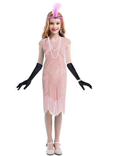 Girls Vintage Sequined Gatsby Fringed Flapper Dress Roaring 20s Party