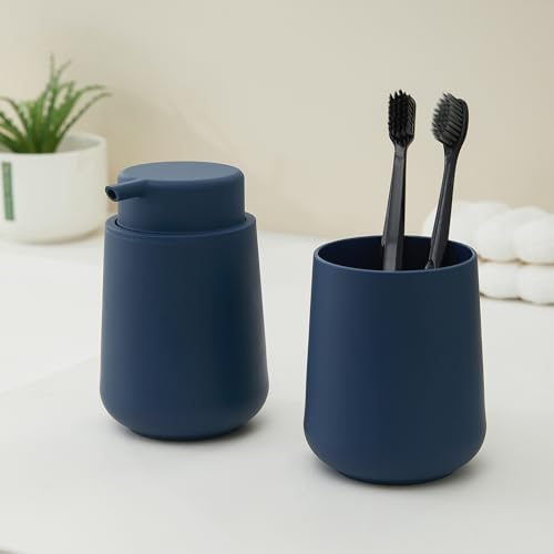 Image of YAUKPH Matte Navy Blue Foaming Hand Soap Dispenser Plastic 11 oz - Modern Minimalist Style for Bathroom & Kitchen Countertop Refillable