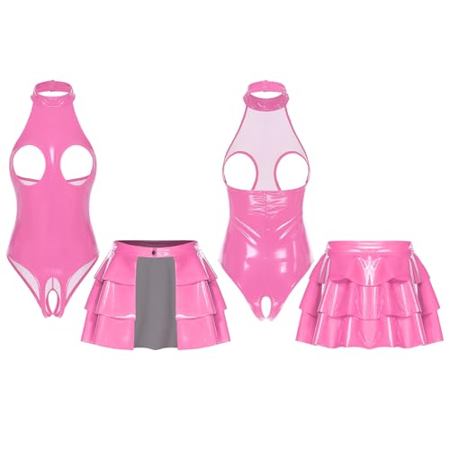 Ensemble deux pièces en cuir patent Lejafay avec catsuit look mouillé et mini-jupe