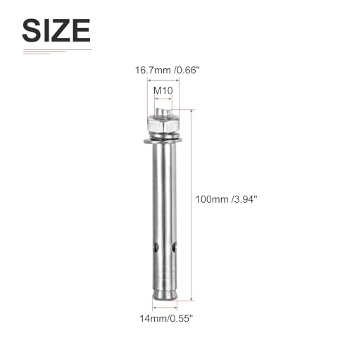 Image of DTGN M10 x 100 Expansion Bolts - 10Pack- Good for Concrete Dry Brick Block Walls - 304 Stainless Steel - Silver