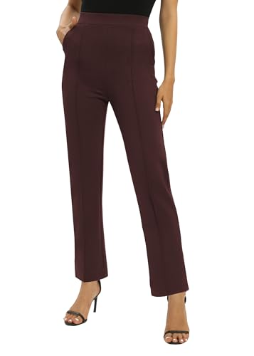 EXCHIC Mujeres Oficina Casual Piernas Rectas Trabajo Pantalones Elástica Cintura Pantalones con Bolsillos(S, Coco)