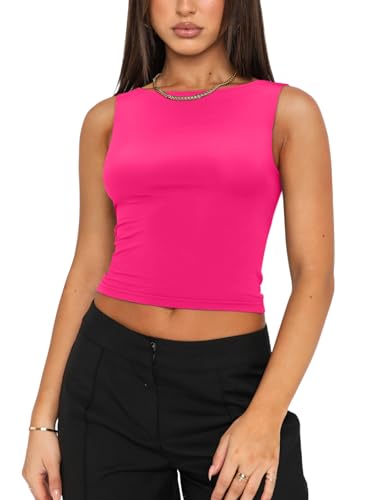 REORIA Women's Summer Sexy Open Back High Neck Sleeveless Tank Top Double Lined Y2k Trendy Backless Crop Tops Rose Red Medium — view 2