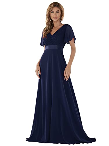 Ever-Pretty Short Flare Sleeve Maxi Chiffon Bridesmaid Dresses Chiffon Navy Blue US14
