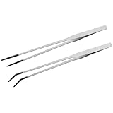 MVOLEGDE 2 Stück Pinzette Lang, Edelstahl Mit Gummispitze Aquarium Pinzette Lang, 27CM Erade/Gebogen Futterpinzette, Silbrig Pinzettes Aquarium, für Eidechsen Wasserpflanze Pflanzenpinzette