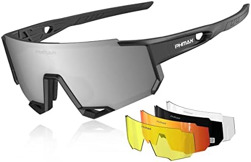 PHMAX Polarized Cycling Glasses with 5 Interchangeable Lenses,MTB Biking Running Baseball Sports Sunglasses for Men Women