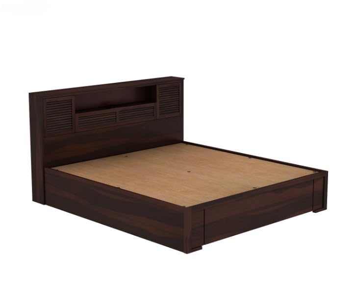 Image of Solid Wood Bed with Storage | Modern Wooden Bed with Slatted Headboard | Strong & Durable Bed Frame for Bedroom Home & Hotel (Walnut Finish, King)