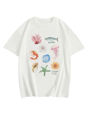 Image of RoseSeek Girl's Graphic Drop Shoulder Star Print Tee Tops Short Sleeve Crew Neck Summer Shirts