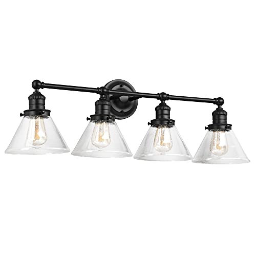 Image of Design House Augustin Vanity Light, 4-Light, Seeded Glass Warm Glow, Dimmable, Up /Down Glow, Easy Installation, E26 Socket, Black, 34.9 in L x 8.3 in D x 11.1 in H, 589044-BLK