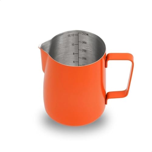 Image of watchget 12oz Milk Frothing Pitcher Stainless Steel Espresso Steaming Jug | Clear Internal Scale, Milk Coffee Cappuccino Latte Art Barista Steam Pitchers,Barista Coffee Bar Accessories, 350ml, Orange