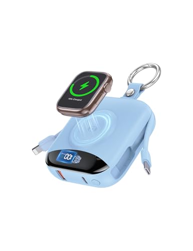 Image of citicr Portable Charger 10000mAh w /Built-in Cables & iWatch Charger Blue | Fast charging, Built-in cables, LED display, Charge 5 devices at once, Ring buckle, TSA approved, Pocket size, Charge iWatch